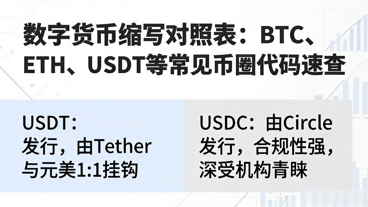 数字货币缩写对照表：BTC、ETH、USDT等常见币圈代码速查